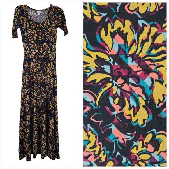 LuLaRoe Ana Maxi Dress XS 2/4 Mustard Floral Long Fit & Flare Short Sleeve Knit - Picture 1 of 8